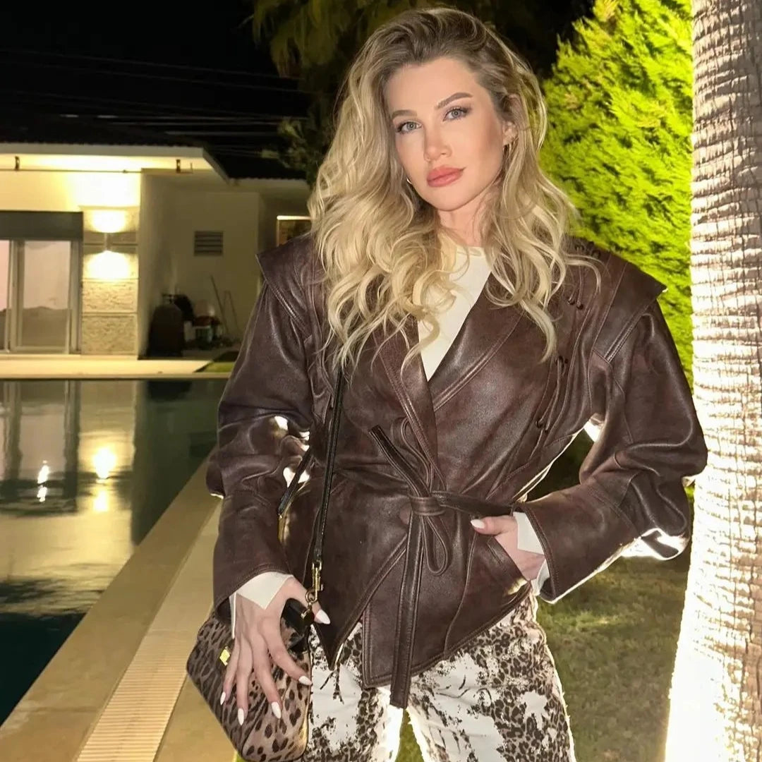 Oversized Faux Leather Jacket Women – Belted Drop Shoulder Coat