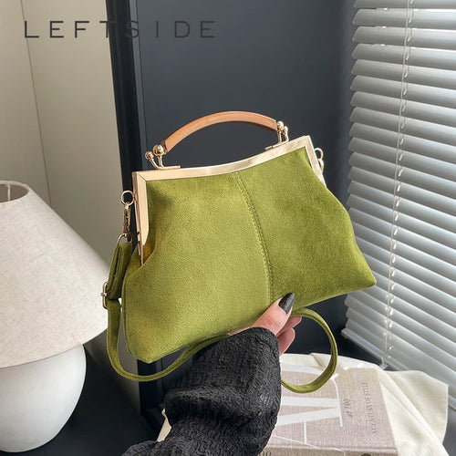 Suede Frame Bag with Wooden Handle for Women – Vintage Retro