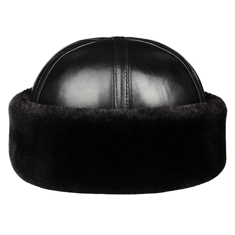 Men's Genuine Leather Brimless Skullcap with Faux Fur Lining