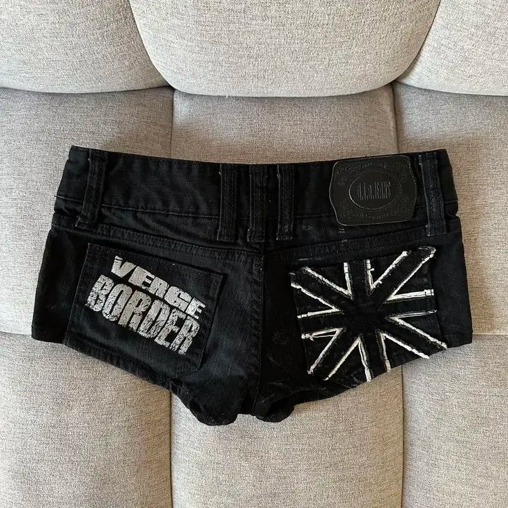 Women's Distressed Denim Shorts – Low Rise Union Jack Flag Patch