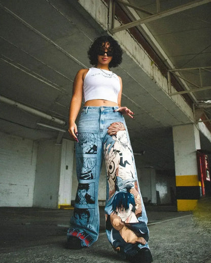 Anime Print Baggy Jeans – Y2K Wide Leg Streetwear Denim Pants