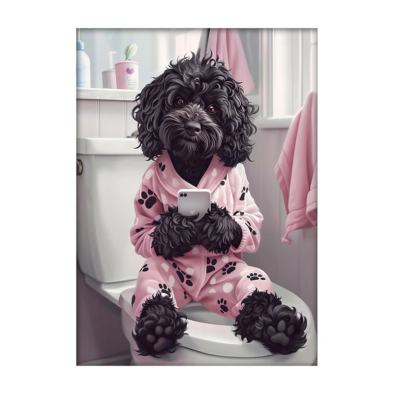 Funny Dog Bathroom Poster – Dog Reading Newspaper on Toilet Wall Art