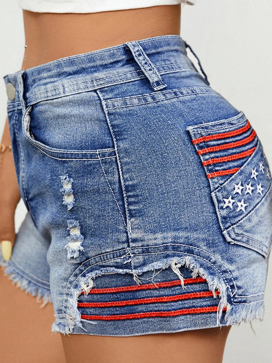 Women's Denim Shorts – Star Stripe Frayed Hem Bodycon