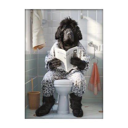 Funny Dog Bathroom Poster – Dog Reading Newspaper on Toilet Wall Art