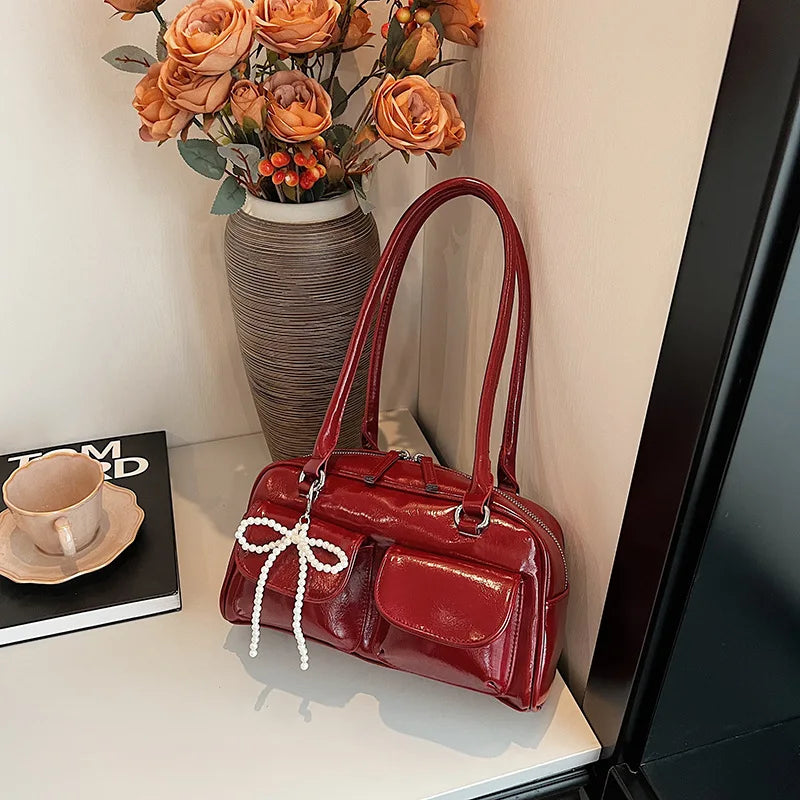 Solid Sewing Thread Fashion Glossy PU Shoulder Bags