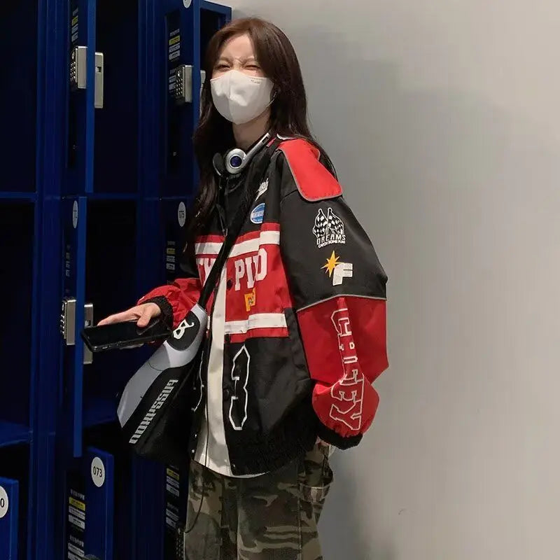 Racing Motorcycle Baseball Jacket – Streetwear Letter Print Couple Outfit