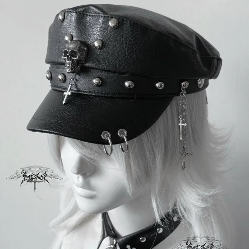 Punk Skull Military Cap – Women's Y2K PU Leather Flat Top Hat with Rivets & Chain