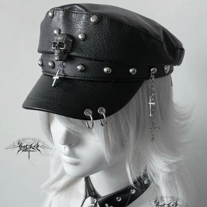 Punk Skull Military Cap – Women's Y2K PU Leather Flat Top Hat with Rivets & Chain