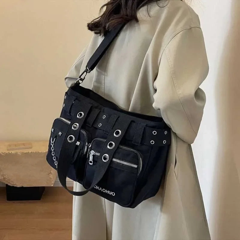 Chains Zipper Buckle Nylon Shoulder Bags