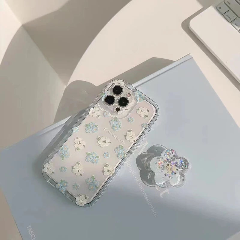 Flower Quicksand Grip Phone Case with Pop Holder – Clear Floral TPU Cover