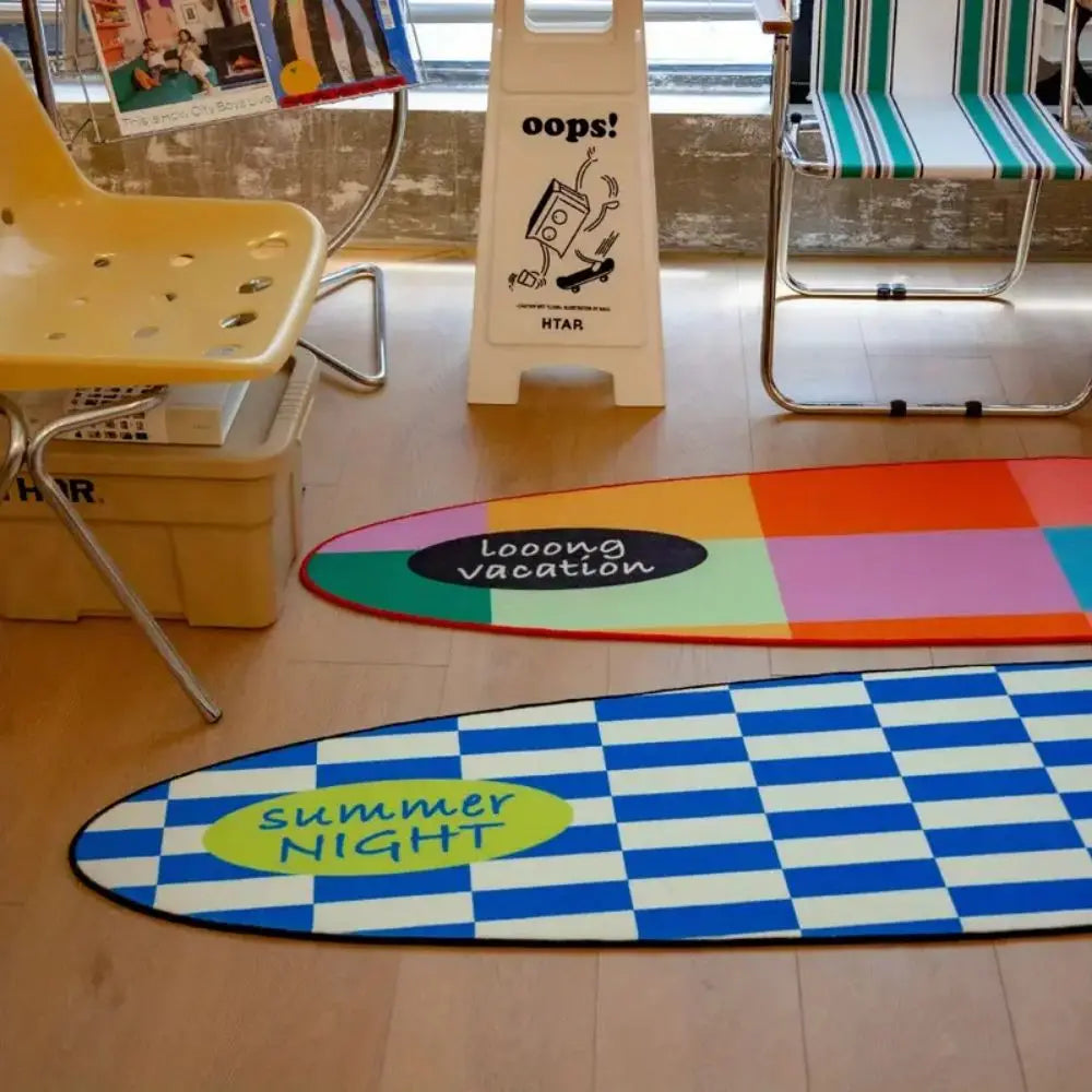 Surfboard Shape Rug – Summer Checkered Floor Mat for Bedroom & Living Room