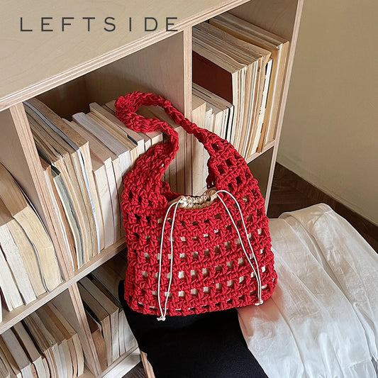 Women's Crochet Hollow Woven Drawstring Shoulder Bag