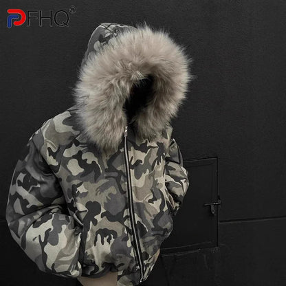Camouflage Men's Winter Puffer Jacket – Fur Collar Hooded Cotton Coat