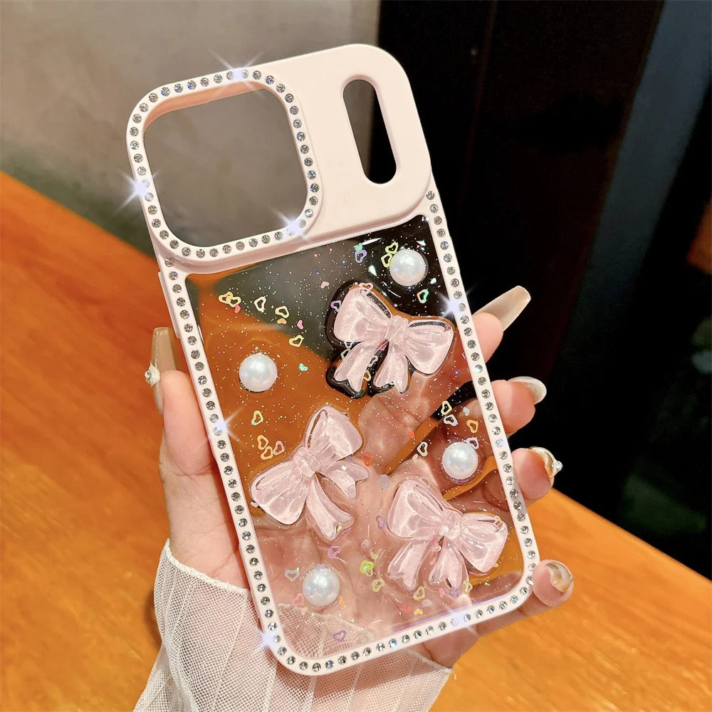 3D Bow Diamond Glitter iPhone Case with Sliding Camera Cover