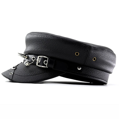 Women's Black PU Leather Military Cap with Spike Rivets