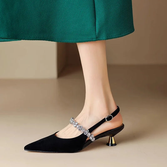 Women's Rhinestone Buckle Pointed Toe Heels – Metallic Slingback Sandals