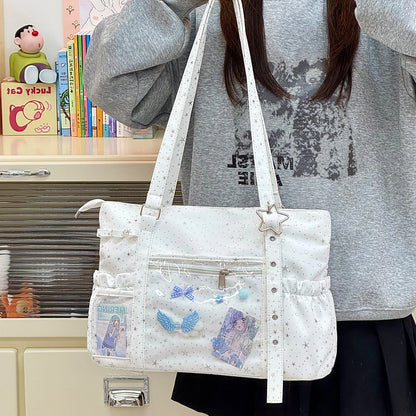 Star Print Nylon Tote Bag – Women's Shoulder Bag with Clear Pocket