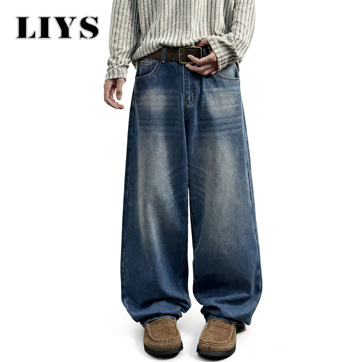 Men's Baggy Jeans – Retro Washed Blue Straight-Leg Denim Pants