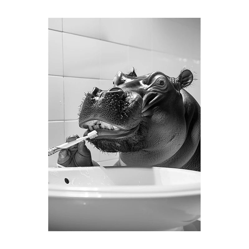 Funny Animal Bathroom Wall Art Poster – Black & White Vintage Print