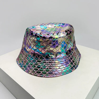 Holographic PU Leather Bucket Hat – Reflective Unisex Fisherman Cap