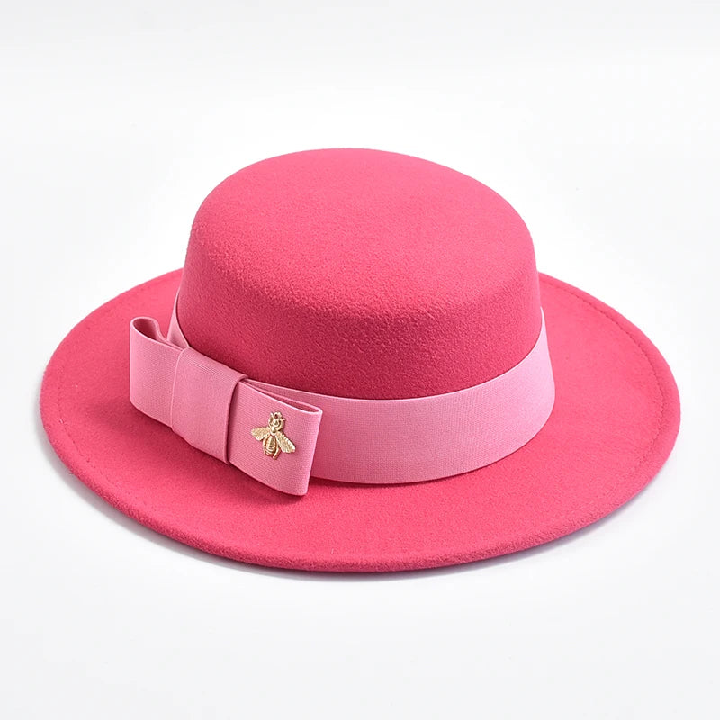 Women's Flat Top Fedora Hat – Bow & Bee Pin, Church & Party