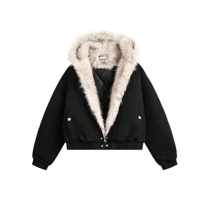 Harajuku Retro Oversized Jacket – Plush Fur Hood Leopard Lining