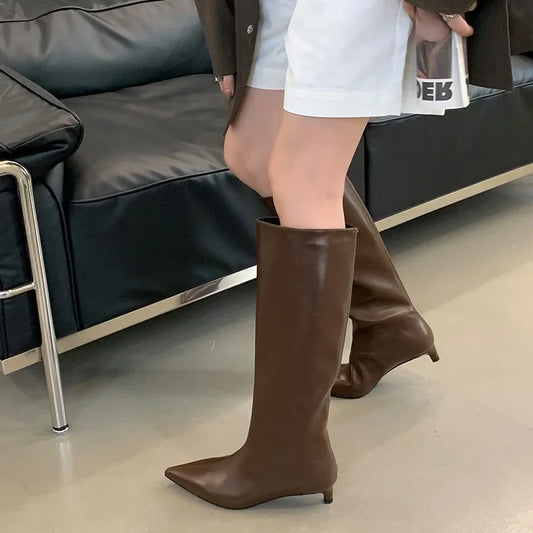 Women's Knee-High Boots – Pointed Toe Slim Low Heel