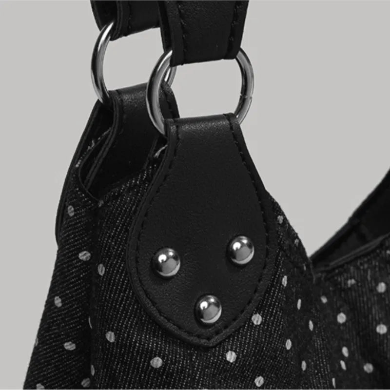 Harajuku Retro Polka Dot Tote Bag Women Black Wrinkle