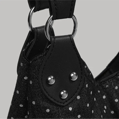 Harajuku Retro Polka Dot Tote Bag Women Black Wrinkle