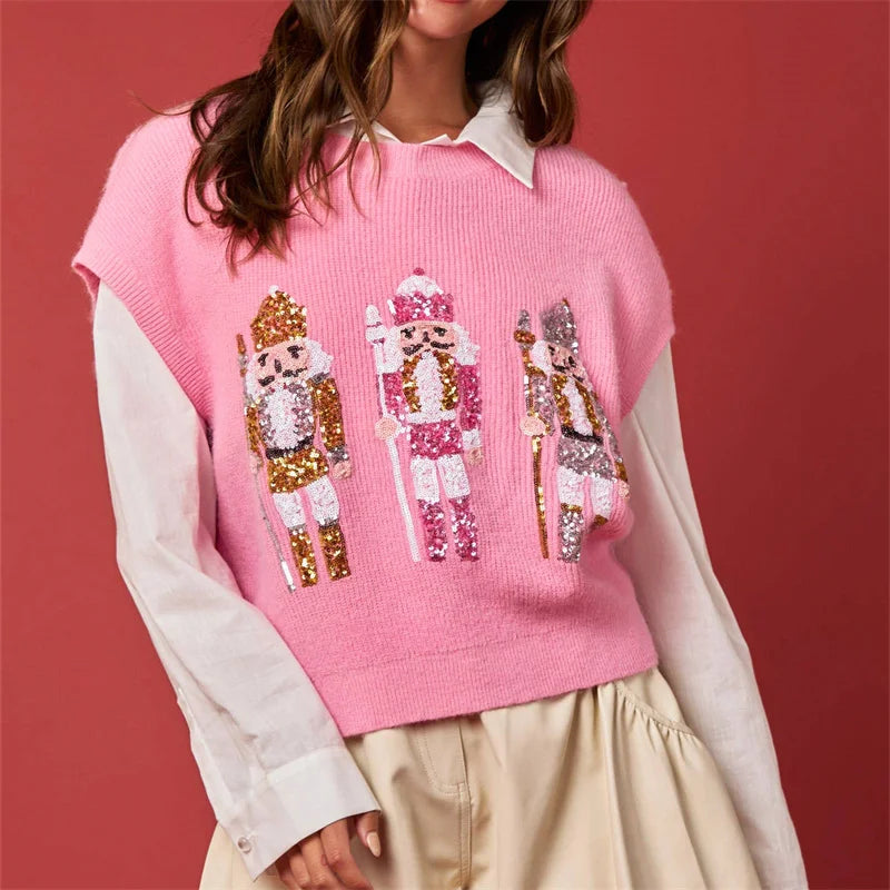 Ugly Christmas Vests Women Sequin Nutcracker Santa Sweaters Shirt Holiday Sparkly Graphic Crewneck