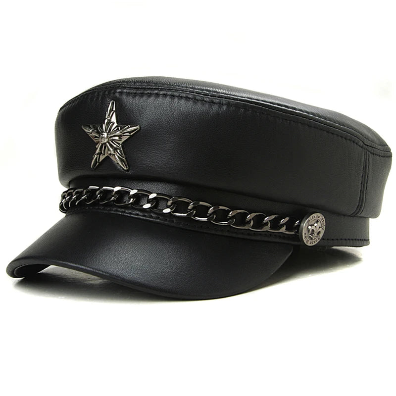 Real Leather Military Hat – Unisex Retro Motorcycle Cap with Chain