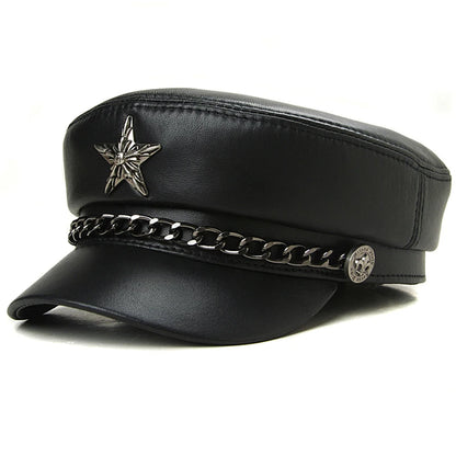 Real Leather Military Hat – Unisex Retro Motorcycle Cap with Chain