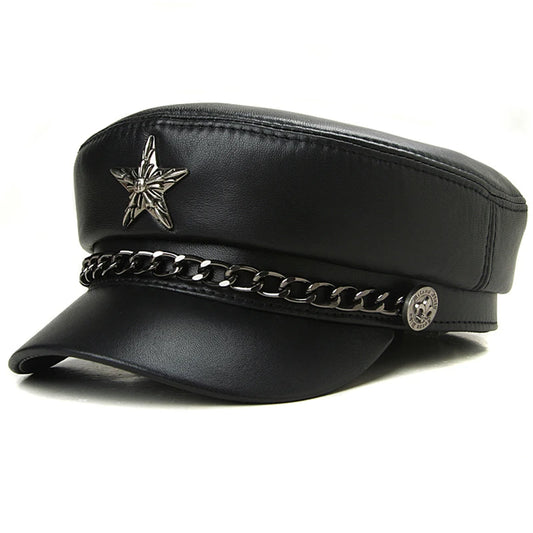 Real Leather Military Hat – Unisex Retro Motorcycle Cap with Chain
