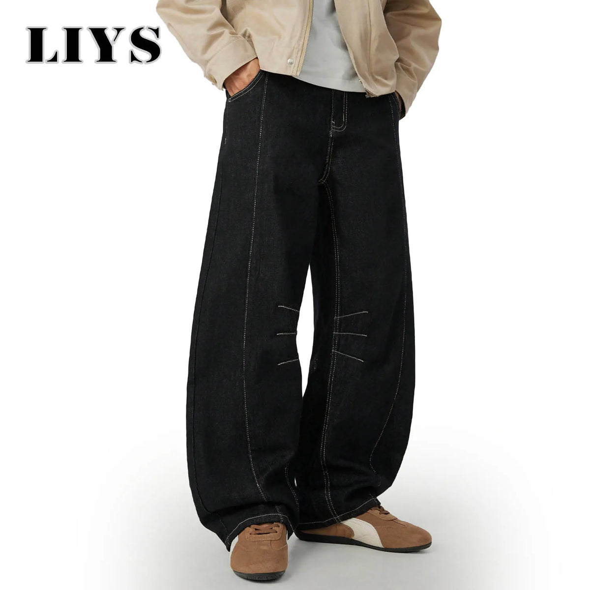 Contrast Stitch Baggy Wide Leg Black Jeans – Deconstructed Streetwear Denim
