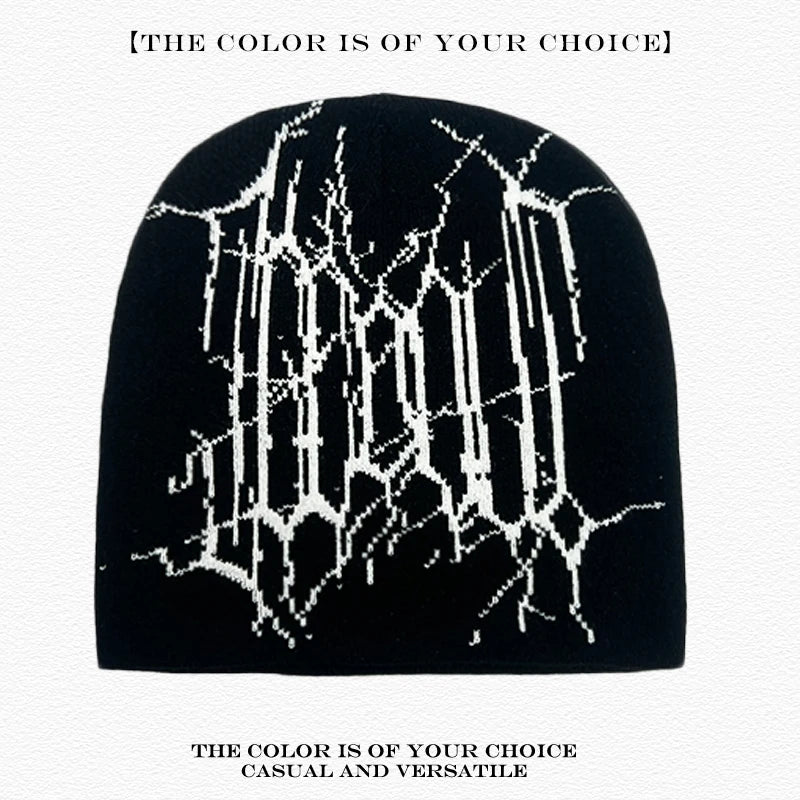 Spider Web Jacquard Beanie Hat – Dark Style Hip Hop Knit Cap