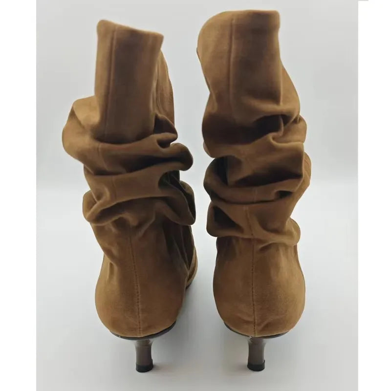Pleated Suede Knee-High Boots Women Pointed Toe Kitten Heel