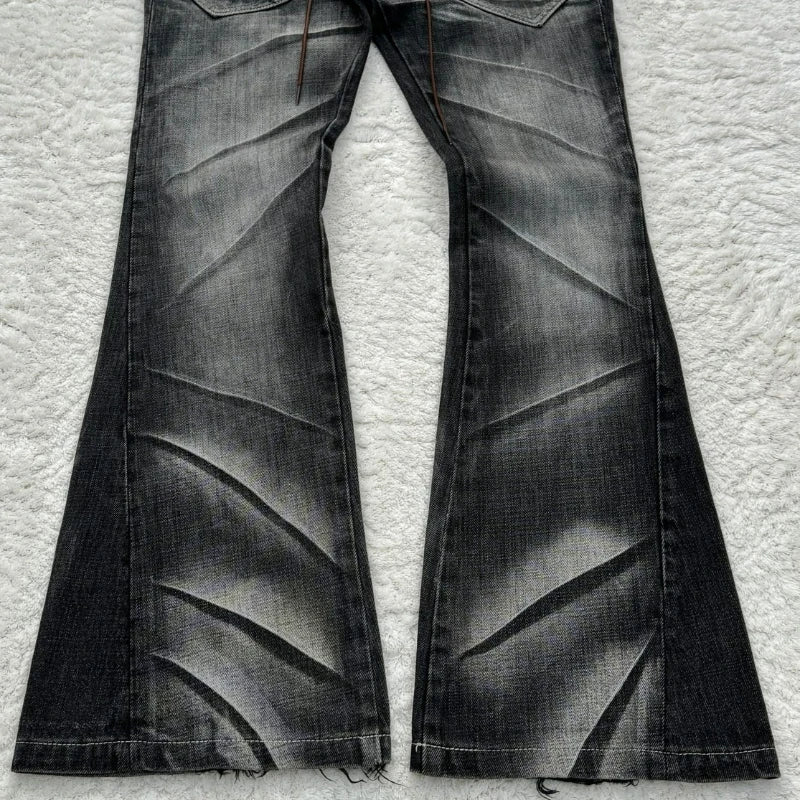 Claw Mark Flare Jeans – Y2K Gothic Lace-Up Double Waist Distressed Denim