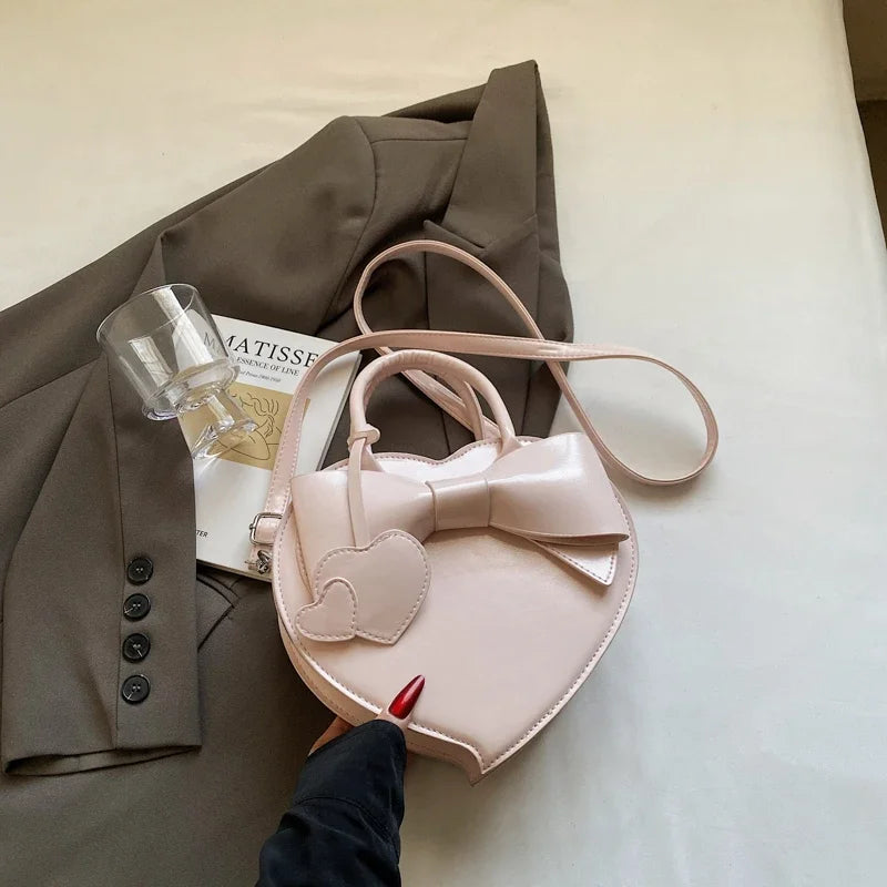 Heart-Shaped PU Leather Crossbody Bag for Women – Y2K Bow Shoulder Bag