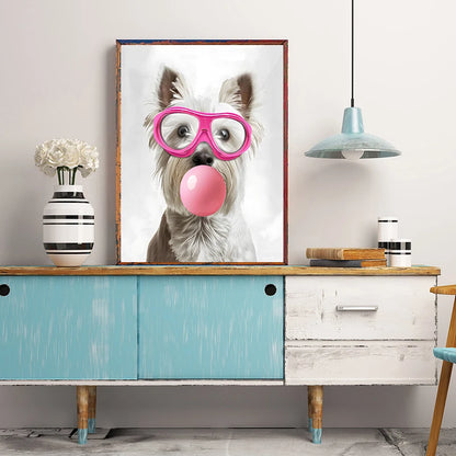 Funny Dog Bubble Gum Poster – Pomeranian with Pink Glasses Wall Art Print