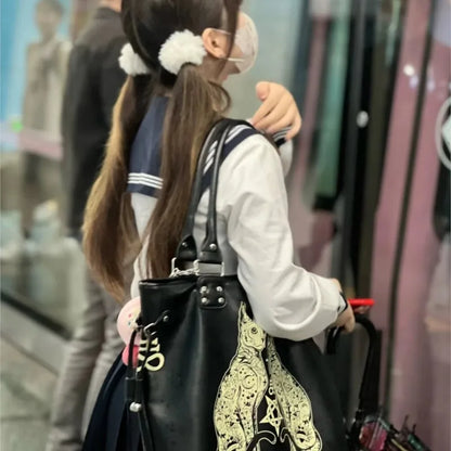 Large Capacity Black Tote Bag Women High Street Lolita Gothic Leather