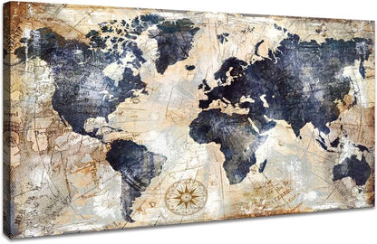 World Map Canvas Wall Art – Vintage Nautical Map Print for Home & Office Decor