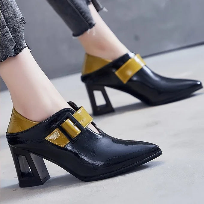 Women's Pointed Toe Block Heel Pumps – Square Buckle Two-Tone Patent Shoes