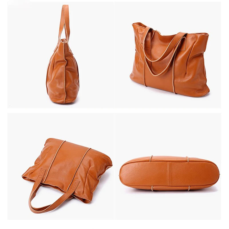Genuine Leather Women's Large Tote Bag – Soft Cowhide Shoulder Bag