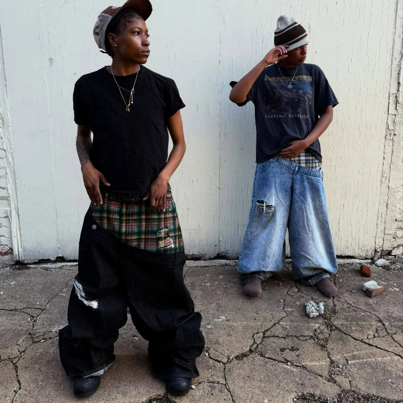 Y2K Plaid Patchwork Baggy Jeans – Retro Wide Leg Denim Pants
