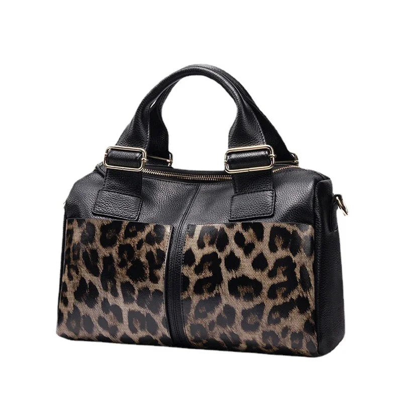 Leopard Genuine Leather Boston Crossbody Bag for Women