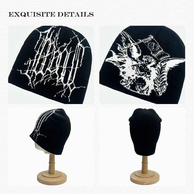 Spider Web Jacquard Beanie Hat – Dark Style Hip Hop Knit Cap