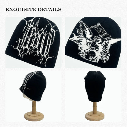 Spider Web Jacquard Beanie Hat – Dark Style Hip Hop Knit Cap