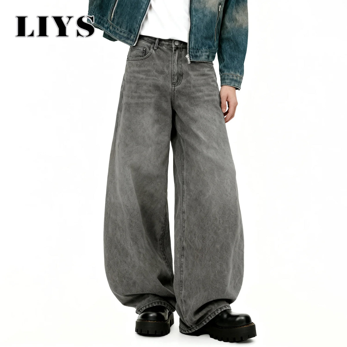 Retro Baggy Wide Leg Gray Washed Jeans – Men's Casual Straight Denim