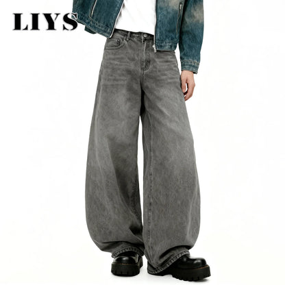 Retro Baggy Wide Leg Gray Washed Jeans – Men's Casual Straight Denim