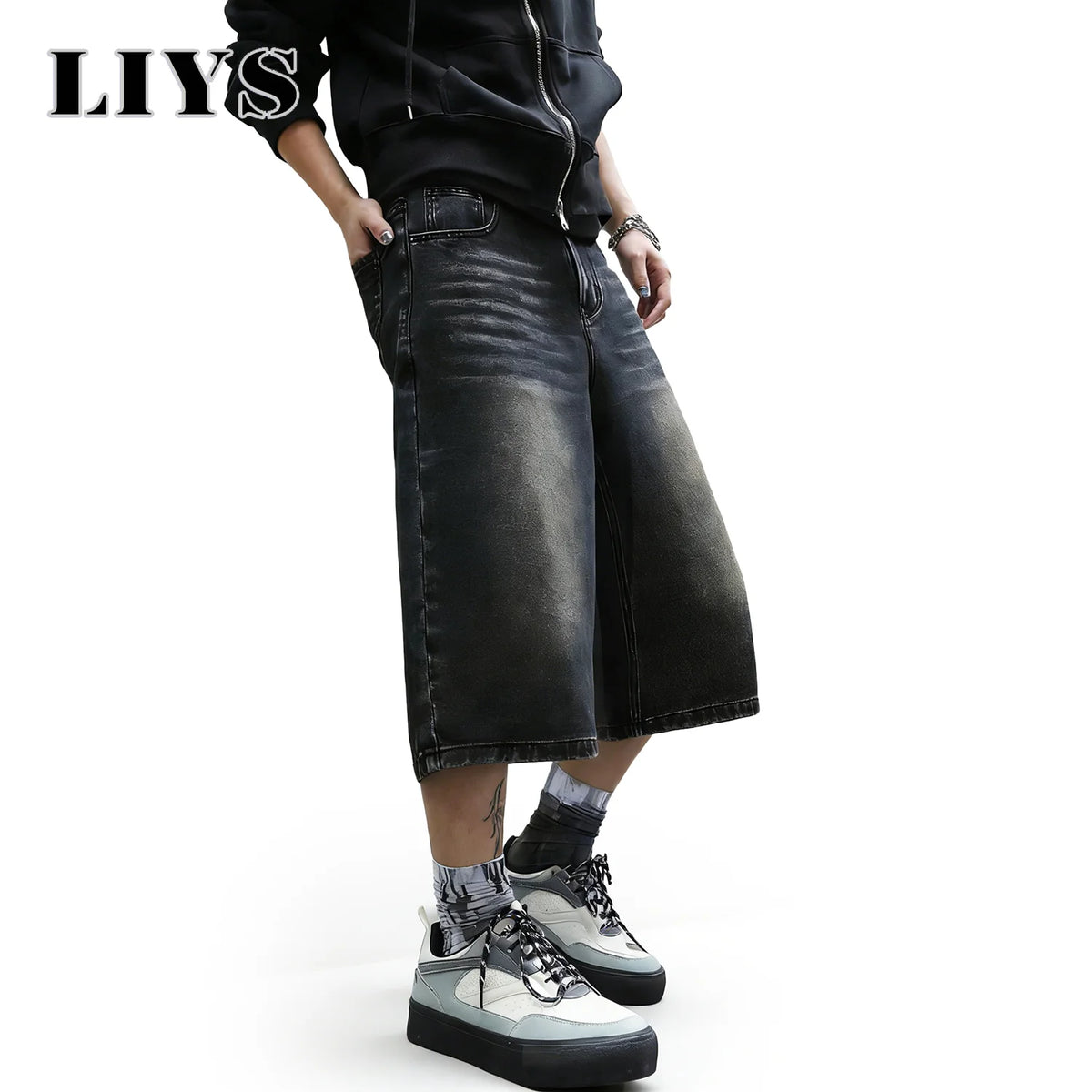LIYS Baggy Wide Leg Denim Shorts for Men – Black Washed Streetwear